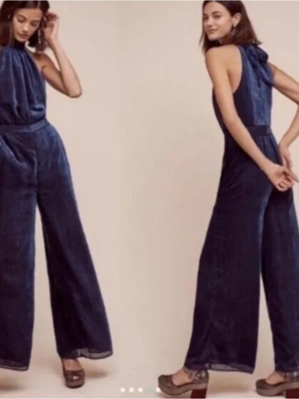elevenses velvet Deep Navy polka dot Halter Wide-Leg Jumpsuit